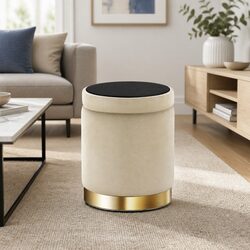 Compact Round Storage Ottoman in Cream Velvet