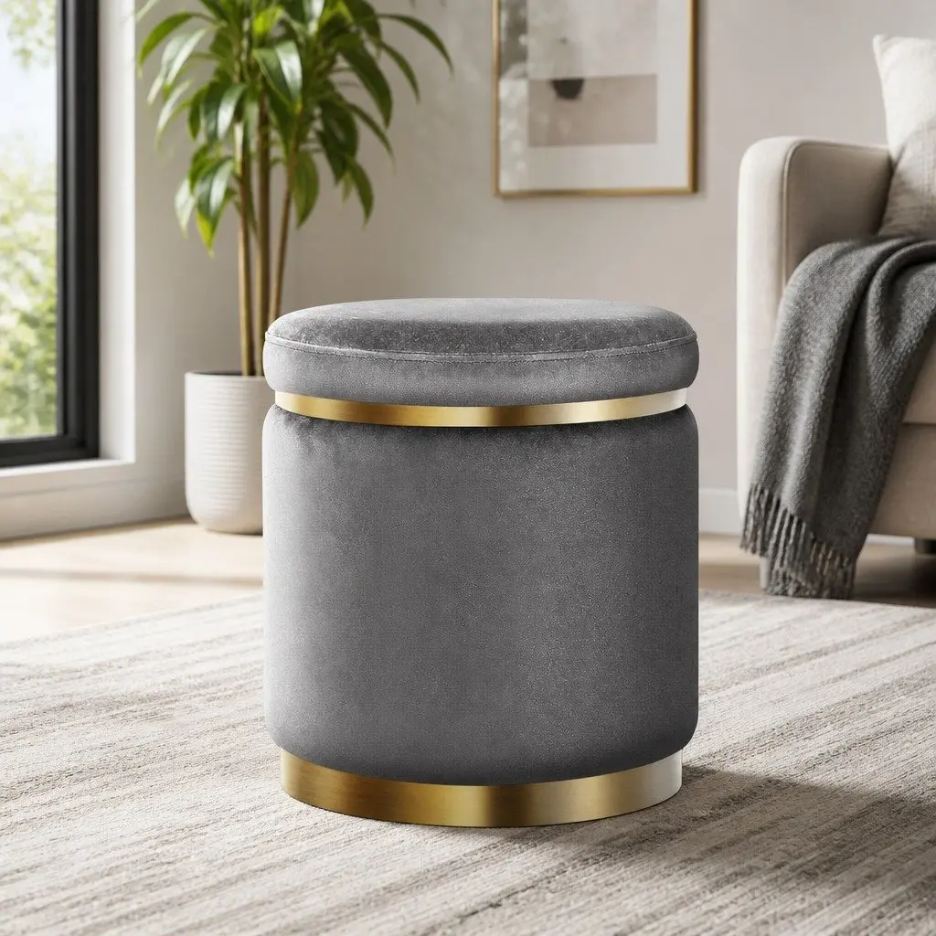 Ottoman Foot Stool Round Velvet Charcoal Grey Upholstered Seat Sturdy Home