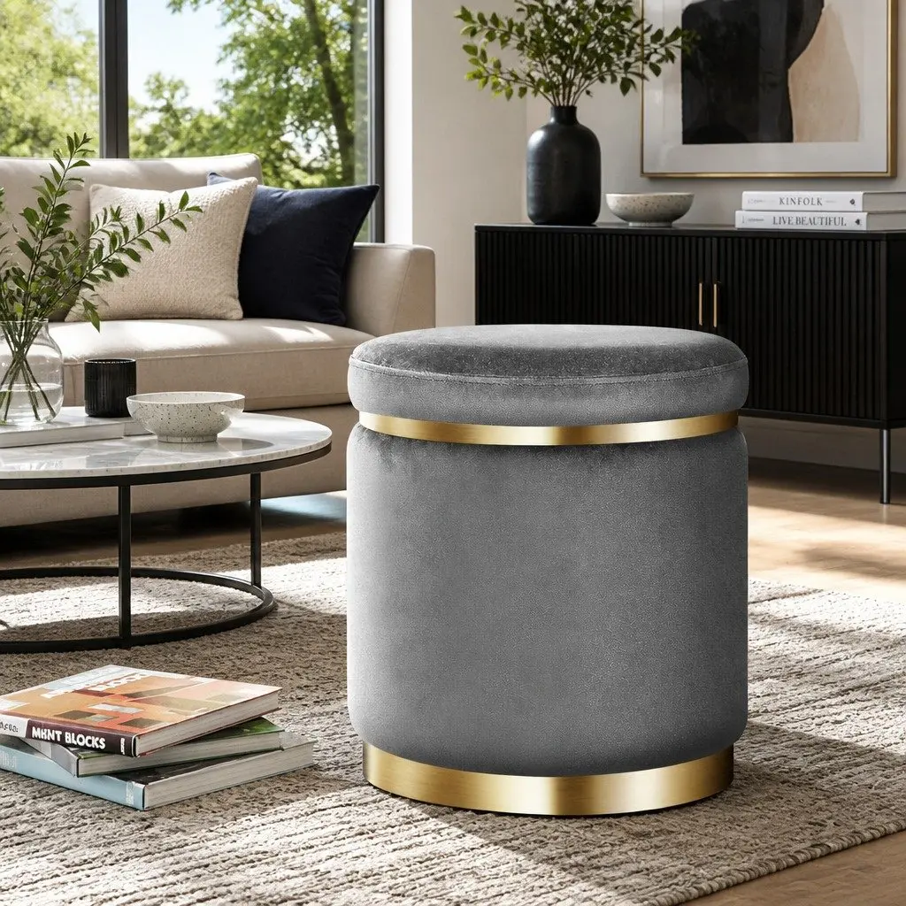 Ottoman Foot Stool Round Velvet Charcoal Grey Upholstered Seat for Home 38cm x 38cm x 45cm