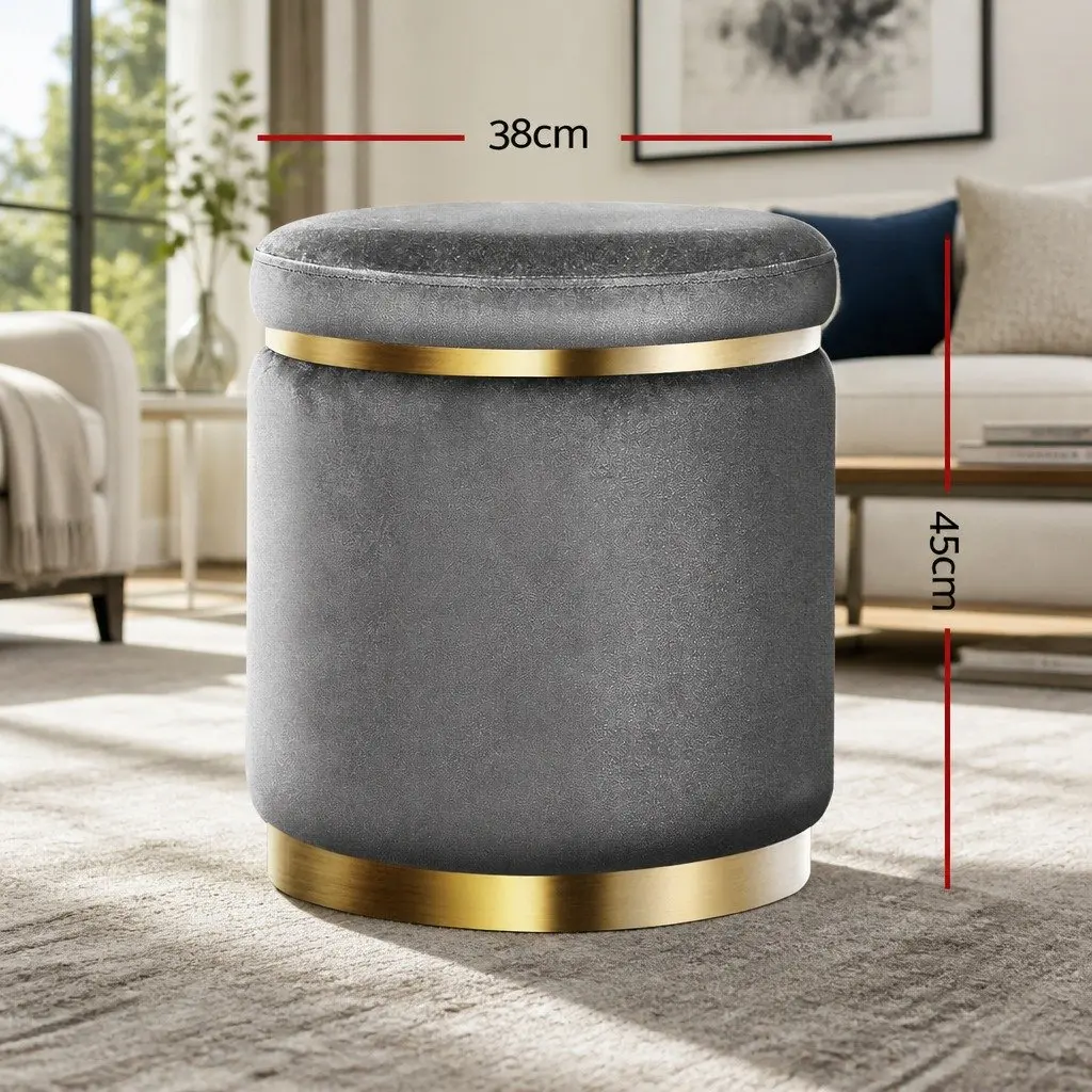 Ottoman Foot Stool Round Velvet Charcoal Grey Upholstered Seat for Home 38cm x 38cm x 45cm