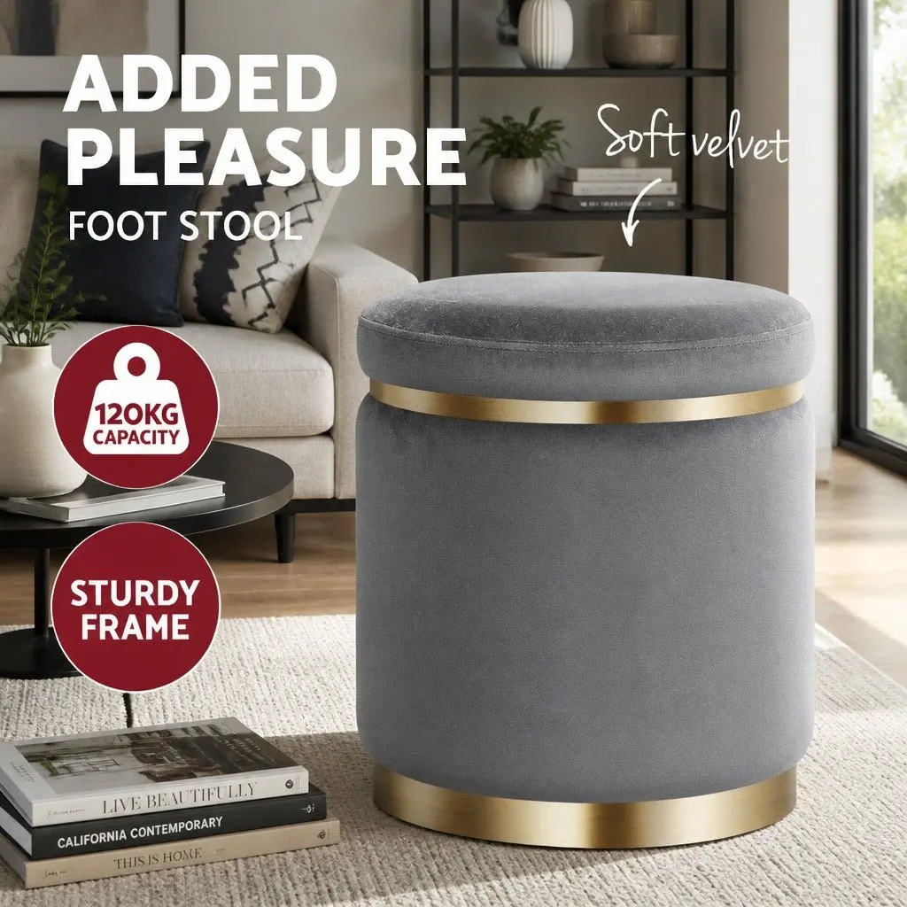 Ottoman Foot Stool Round Velvet Charcoal Grey Upholstered Seat for Home 38cm x 38cm x 45cm
