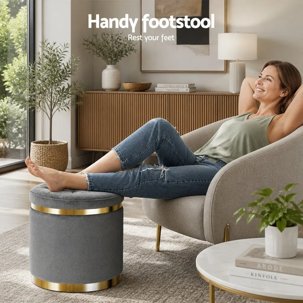 Ottoman Foot Stool Round Velvet Charcoal Grey Upholstered Seat for Home 38cm x 38cm x 45cm