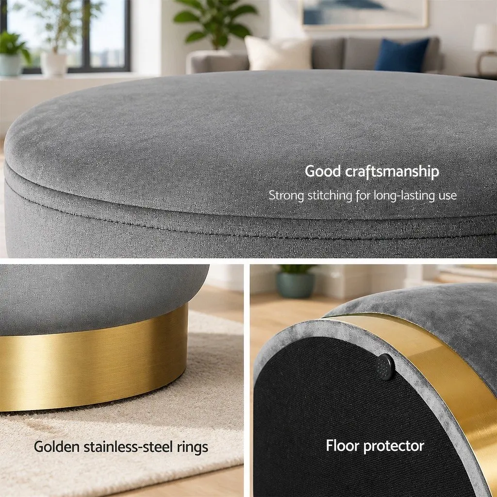 Ottoman Foot Stool Round Velvet Charcoal Grey Upholstered Seat for Home 38cm x 38cm x 45cm