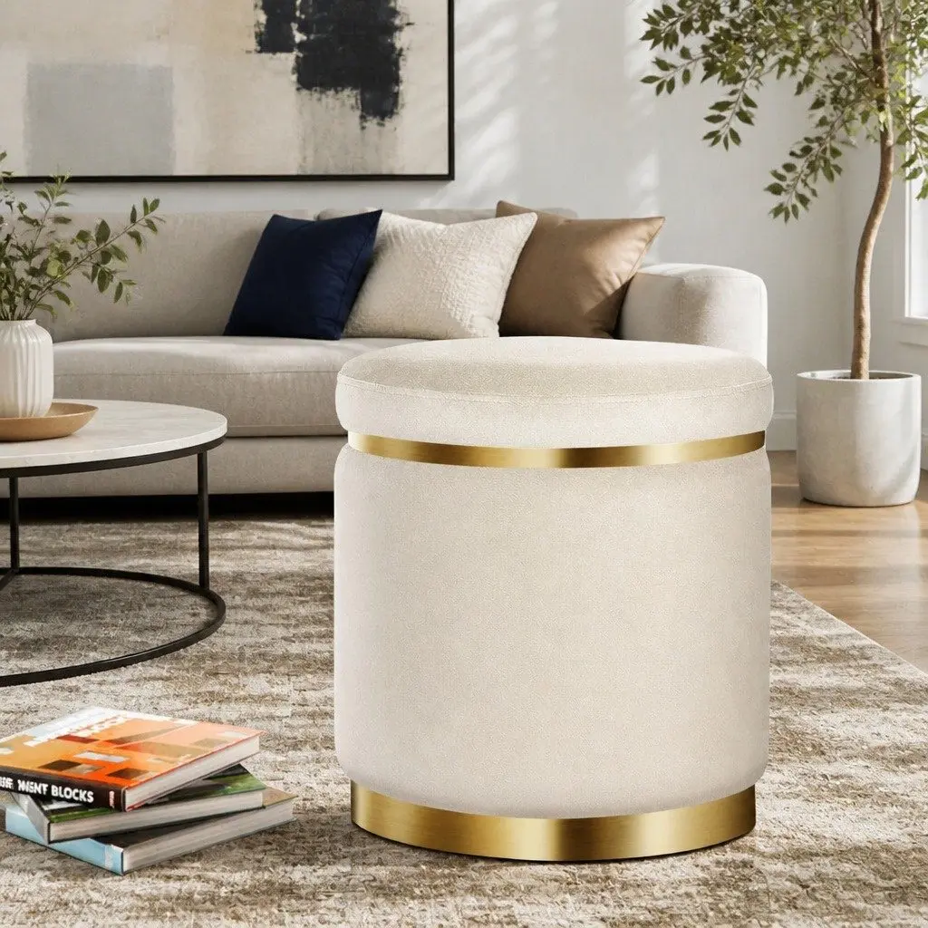 Ottoman Footstool Round Velvet Cream Upholstered Tufted Seating Living Room 38cm x 38cm x 45cm