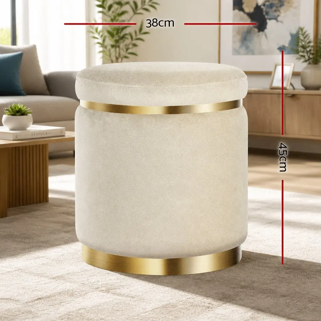 Ottoman Footstool Round Velvet Cream Upholstered Tufted Seating Living Room 38cm x 38cm x 45cm