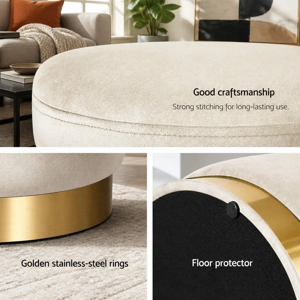 Ottoman Footstool Round Velvet Cream Upholstered Tufted Seating Living Room 38cm x 38cm x 45cm