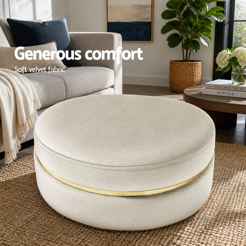 Ottoman Footstool Round Velvet Cream Upholstered Tufted Seating Living Room 38cm x 38cm x 45cm