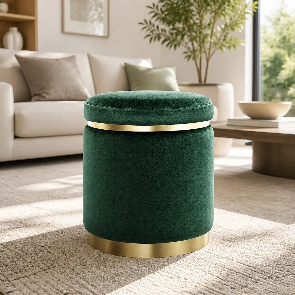 Green Velvet Round Ottoman Footstool