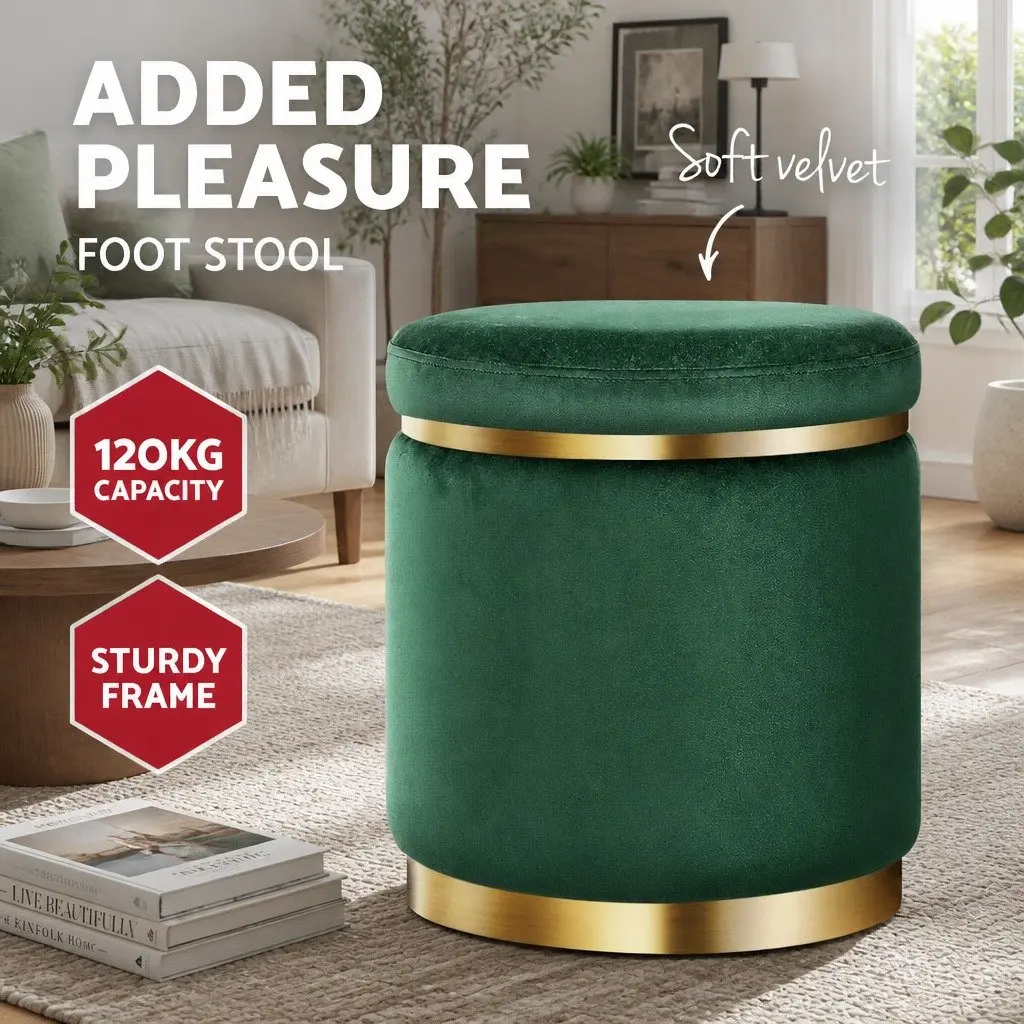 Round Ottoman Footstool Green Velvet Soft Seat Living Room Bedroom 38cm x 38cm x 45cm
