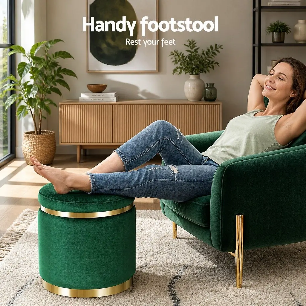 Round Ottoman Footstool Green Velvet Soft Seat Living Room Bedroom 38cm x 38cm x 45cm