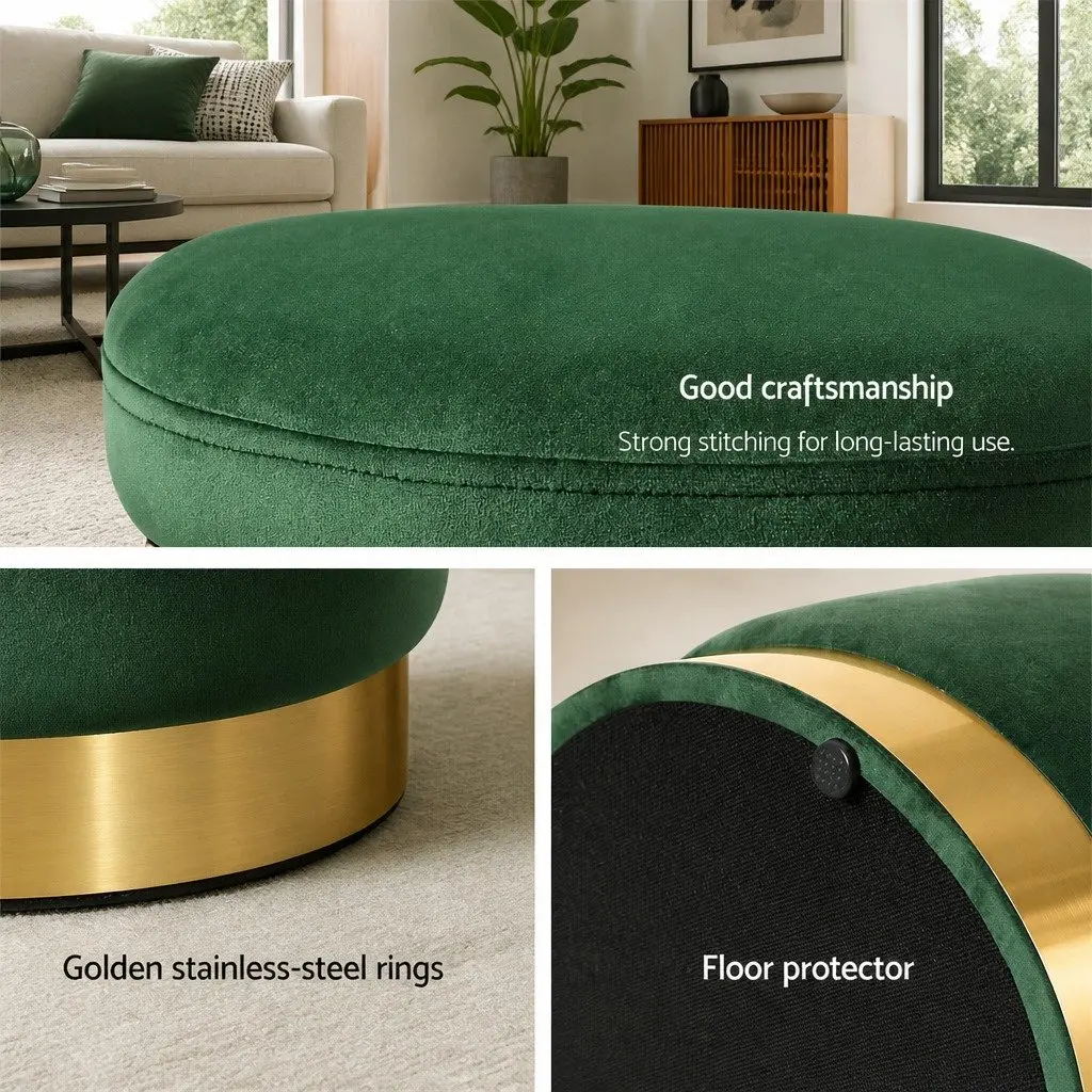 Round Ottoman Footstool Green Velvet Soft Seat Living Room Bedroom 38cm x 38cm x 45cm