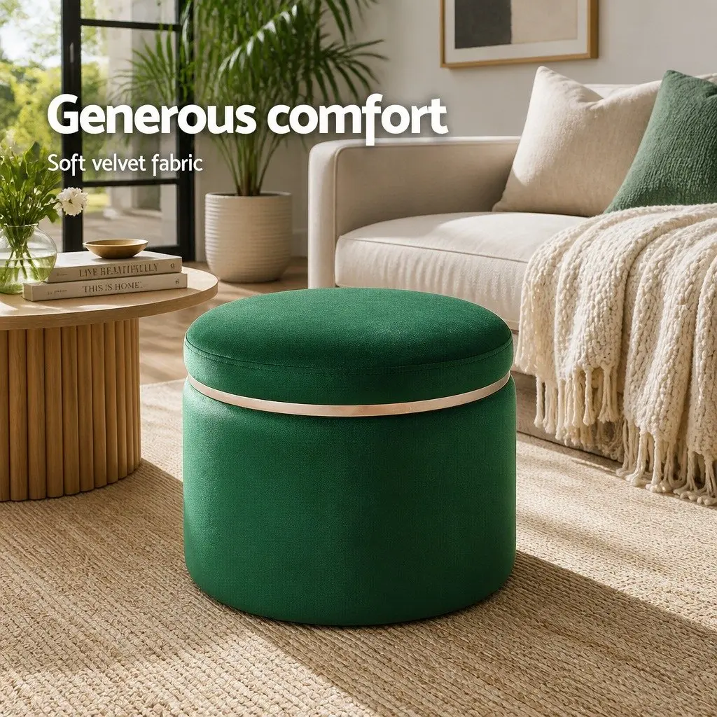 Round Ottoman Footstool Green Velvet Soft Seat Living Room Bedroom 38cm x 38cm x 45cm