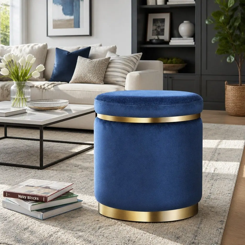 Ottoman Foot Stool Round Velvet Navy Tufted Seating Living Room Bedroom 38cm W x 38cm D x 45cm H