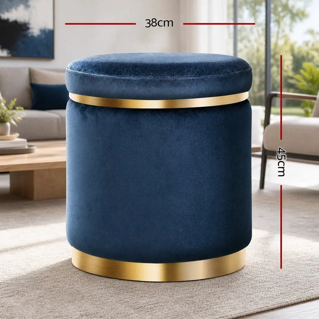 Ottoman Foot Stool Round Velvet Navy Tufted Seating Living Room Bedroom 38cm W x 38cm D x 45cm H