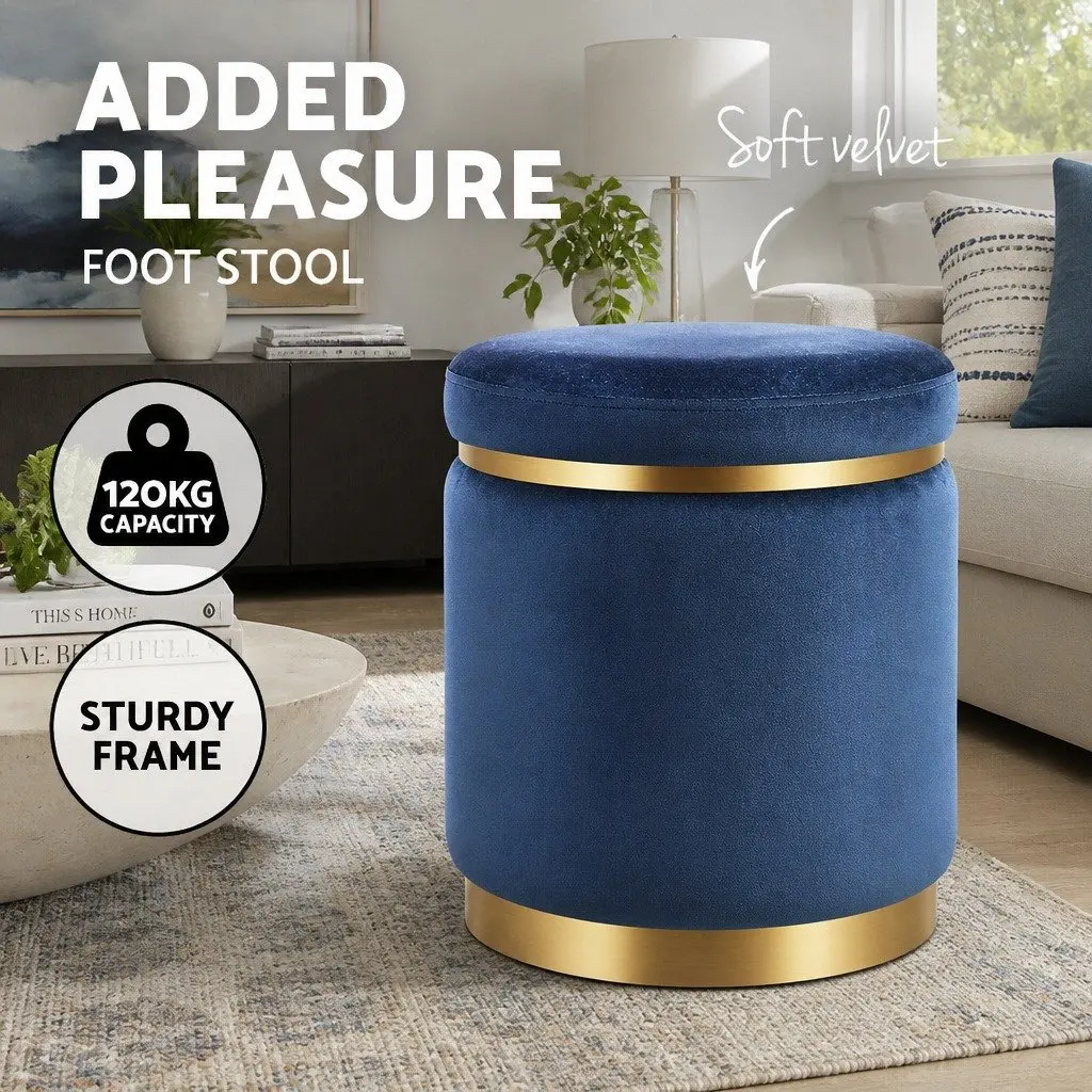 Ottoman Foot Stool Round Velvet Navy Tufted Seating Living Room Bedroom 38cm W x 38cm D x 45cm H