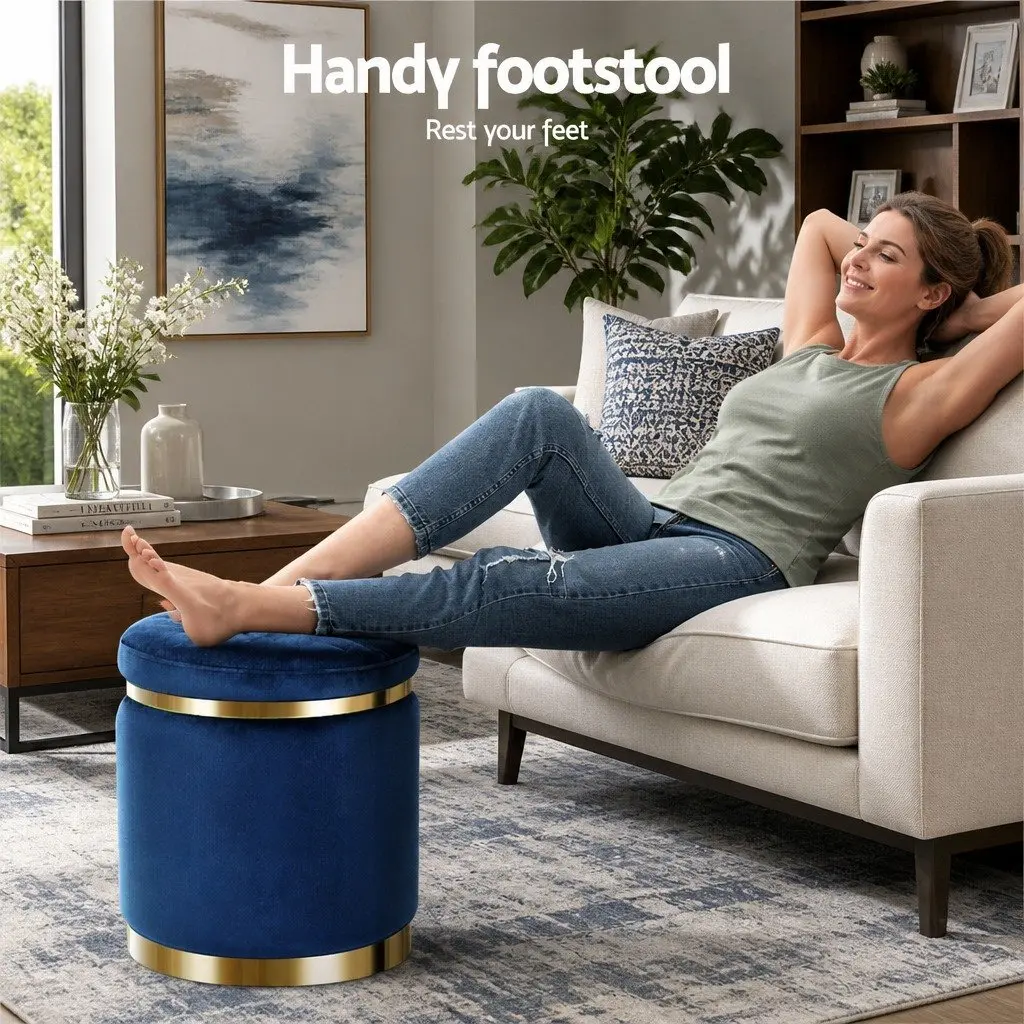 Ottoman Foot Stool Round Velvet Navy Tufted Seating Living Room Bedroom 38cm W x 38cm D x 45cm H