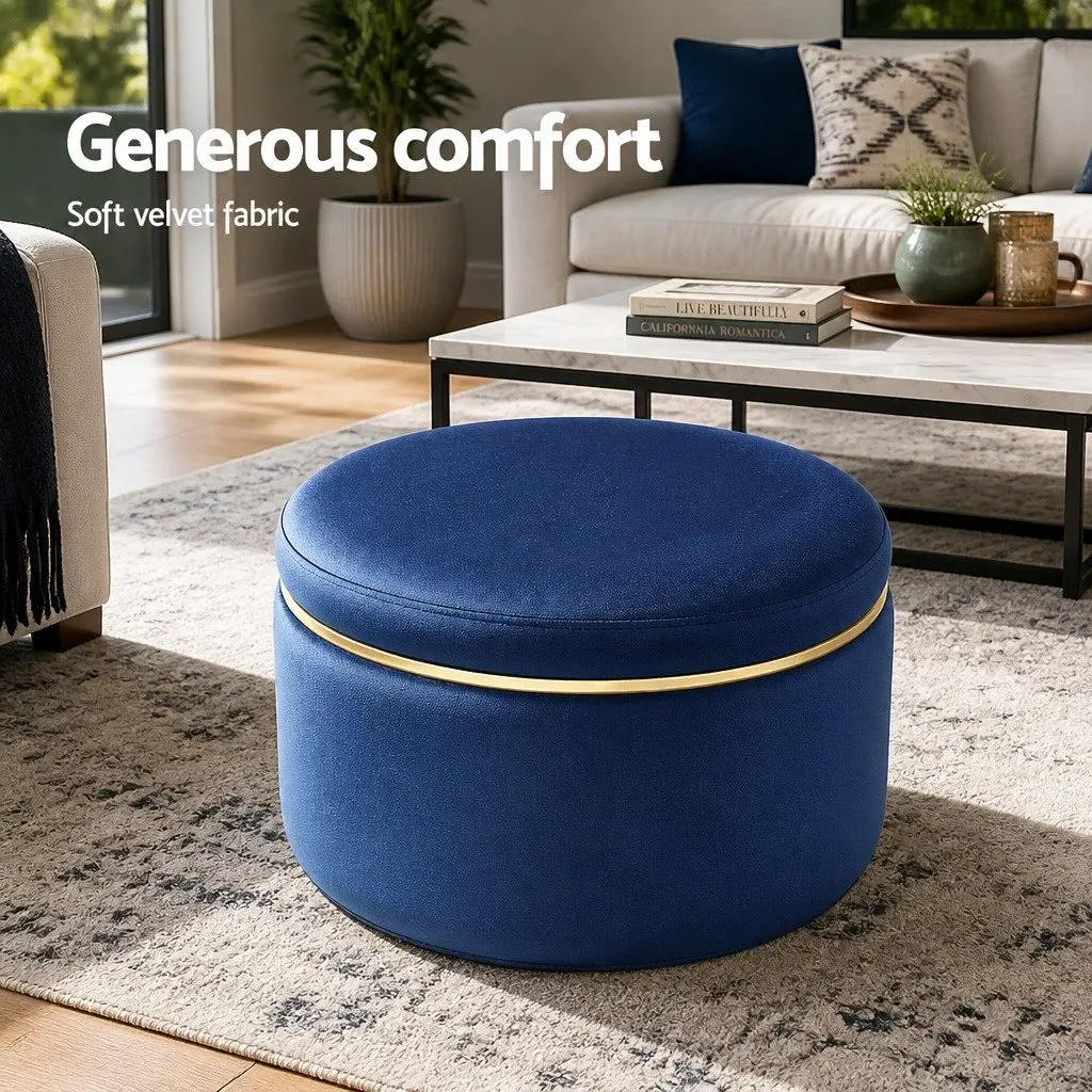 Ottoman Foot Stool Round Velvet Navy Tufted Seating Living Room Bedroom 38cm W x 38cm D x 45cm H