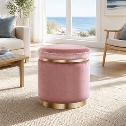 Round Ottoman Footstool Pink Velvet Upholstered Seat with Gold Rings
