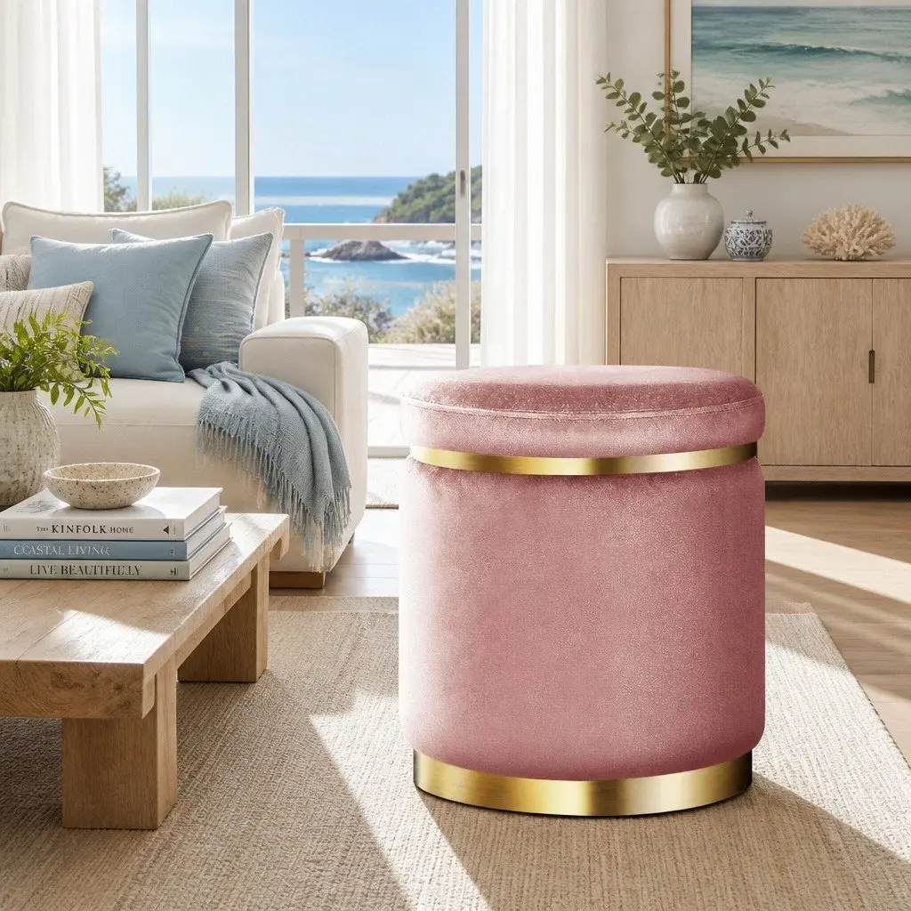 Ottoman Footstool Living Room Pink Velvet 38cm W x 38cm D x 45cm H