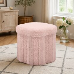 Storage Ottoman Foot Stool Foldable Pink Boucle Fabric Hidden Compartment