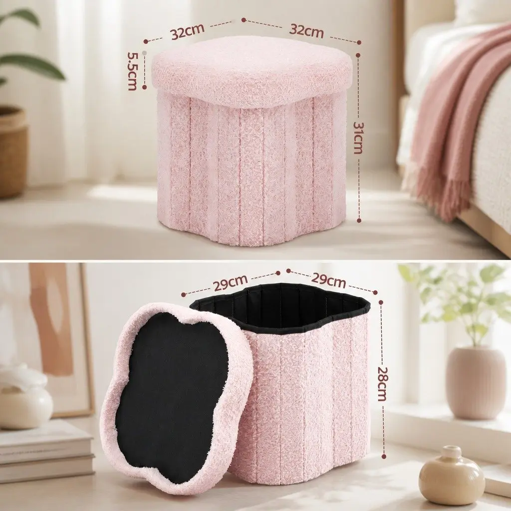 Storage Ottoman Foot Stool Living Room Foldable Pink Boucle Fabric