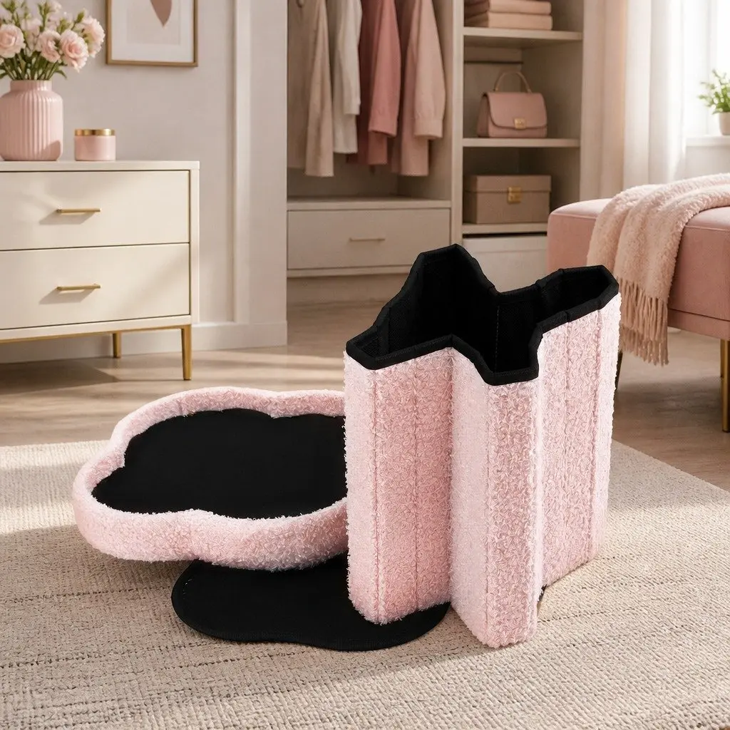 Storage Ottoman Foot Stool Living Room Foldable Pink Boucle Fabric