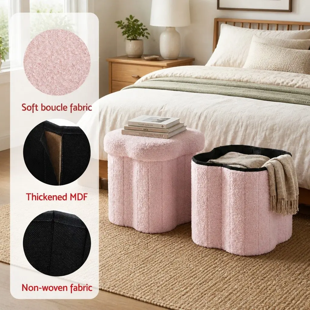Storage Ottoman Foot Stool Living Room Foldable Pink Boucle Fabric