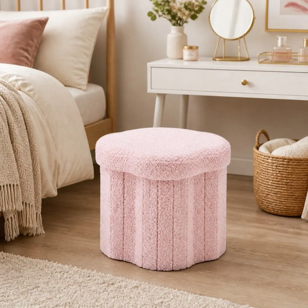 Storage Ottoman Foot Stool Living Room Foldable Pink Boucle Fabric