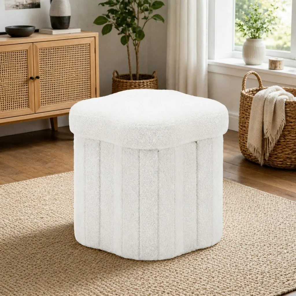 Storage Ottoman Foot Stool Foldable White Boucle Seat Hidden Organiser