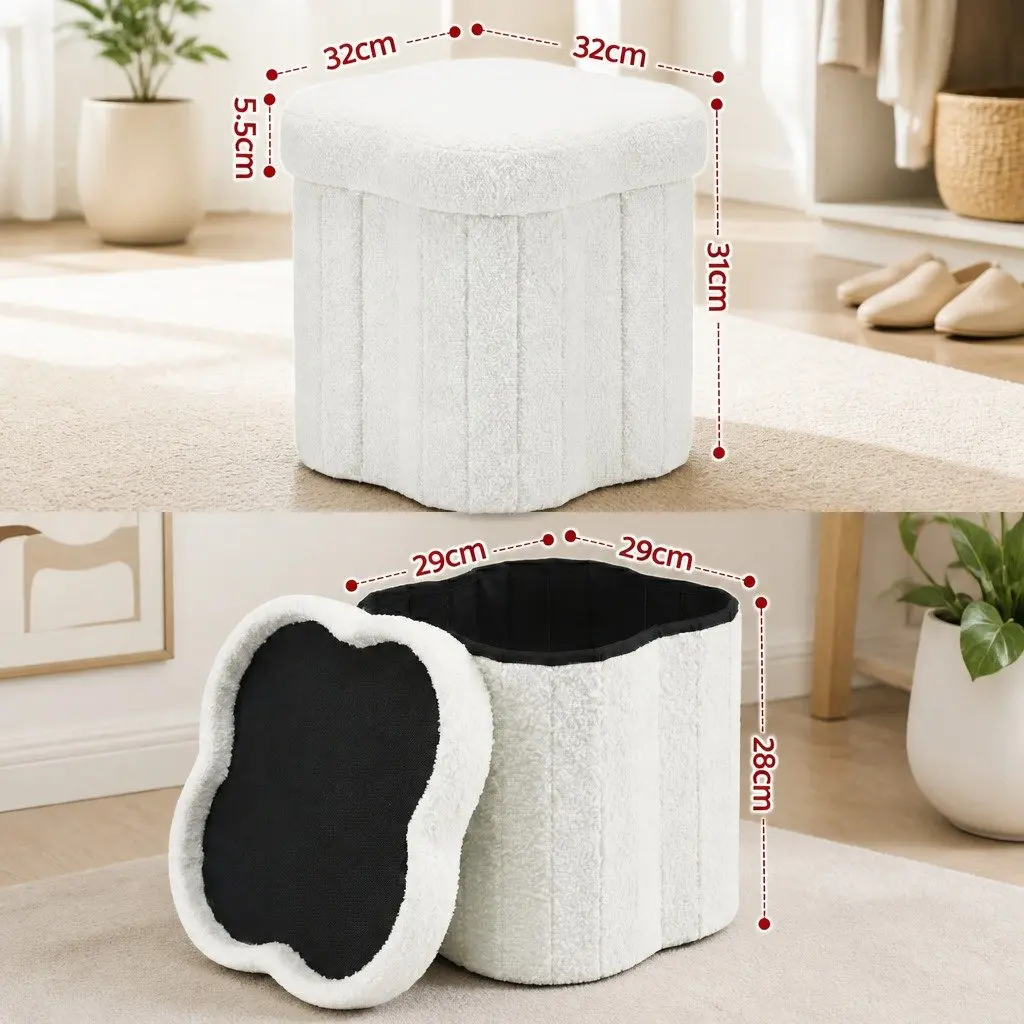 Storage Ottoman Foot Stool Foldable White Boucle for Living Room Bedroom 32cm x 32cm x 31cm