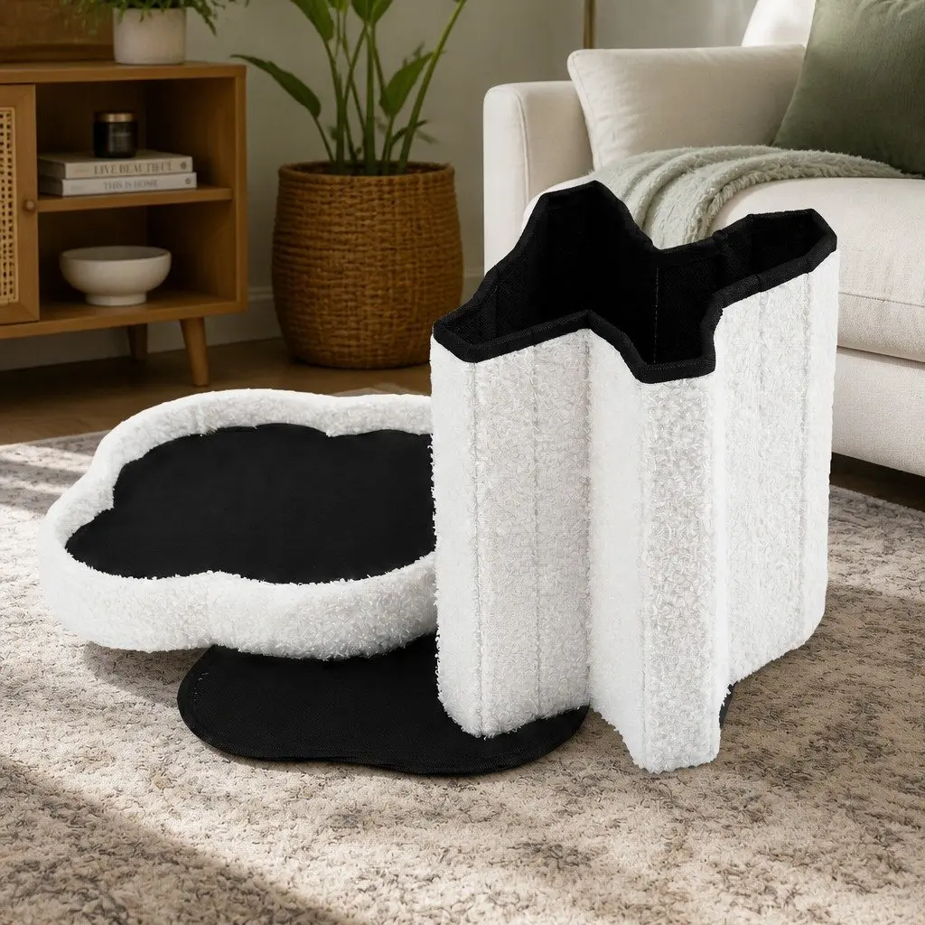 Storage Ottoman Foot Stool Foldable White Boucle for Living Room Bedroom 32cm x 32cm x 31cm