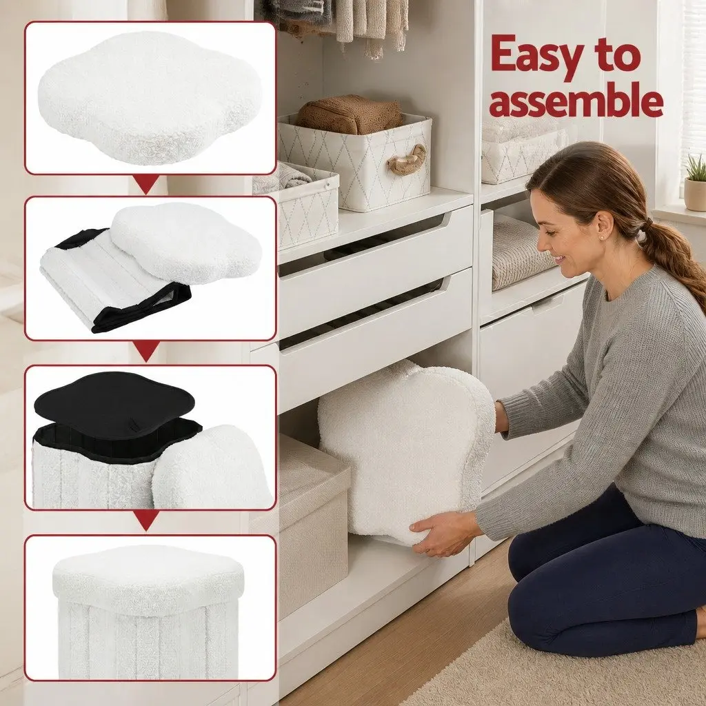 Storage Ottoman Foot Stool Foldable White Boucle for Living Room Bedroom 32cm x 32cm x 31cm