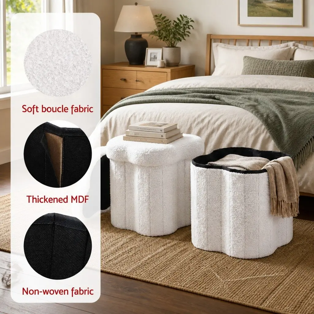 Storage Ottoman Foot Stool Foldable White Boucle for Living Room Bedroom 32cm x 32cm x 31cm