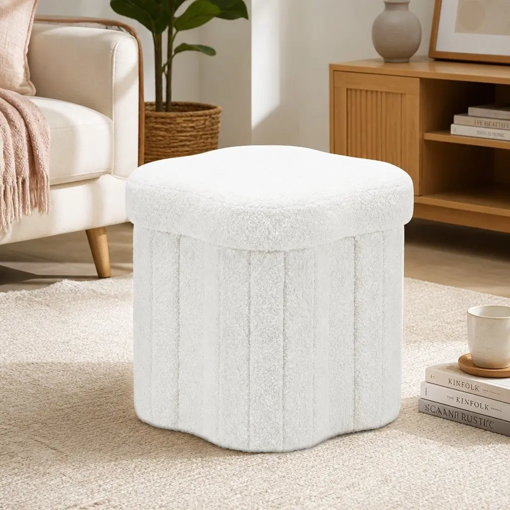 Storage Ottoman Foot Stool Foldable White Boucle for Living Room Bedroom 32cm x 32cm x 31cm