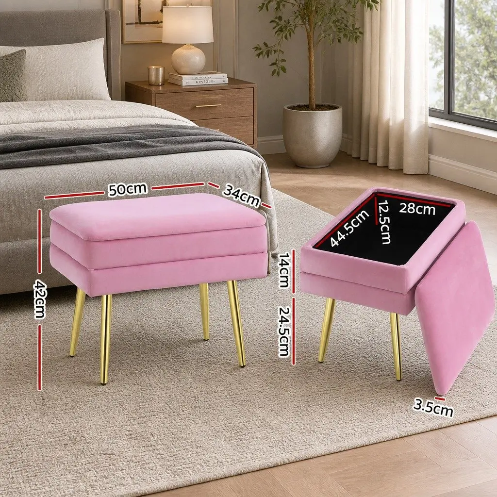 Ottoman Storage Foot Stool Living Room Velvet Pink 50cm x 34cm x 42cm
