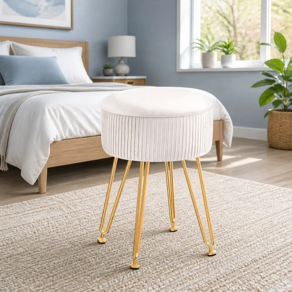 Round Ottoman Storage Footstool in Velvet