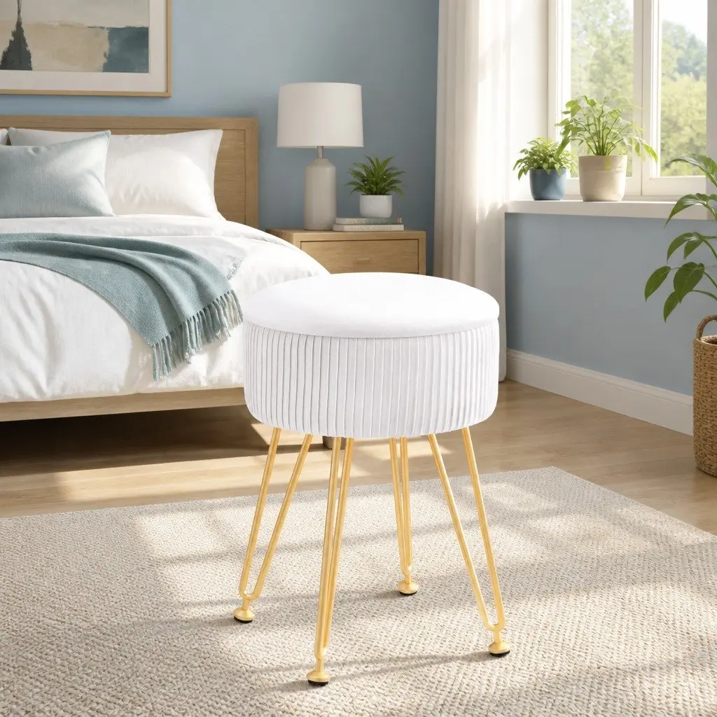 Round Ottoman Storage Footstool Living Room 32cm W x 32cm D x 46cm H Velvet White Padded Seat