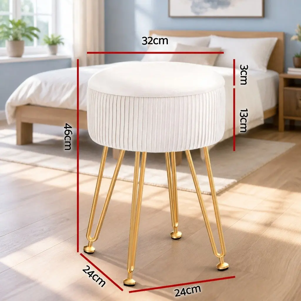 Round Ottoman Storage Footstool Living Room 32cm W x 32cm D x 46cm H Velvet White Padded Seat