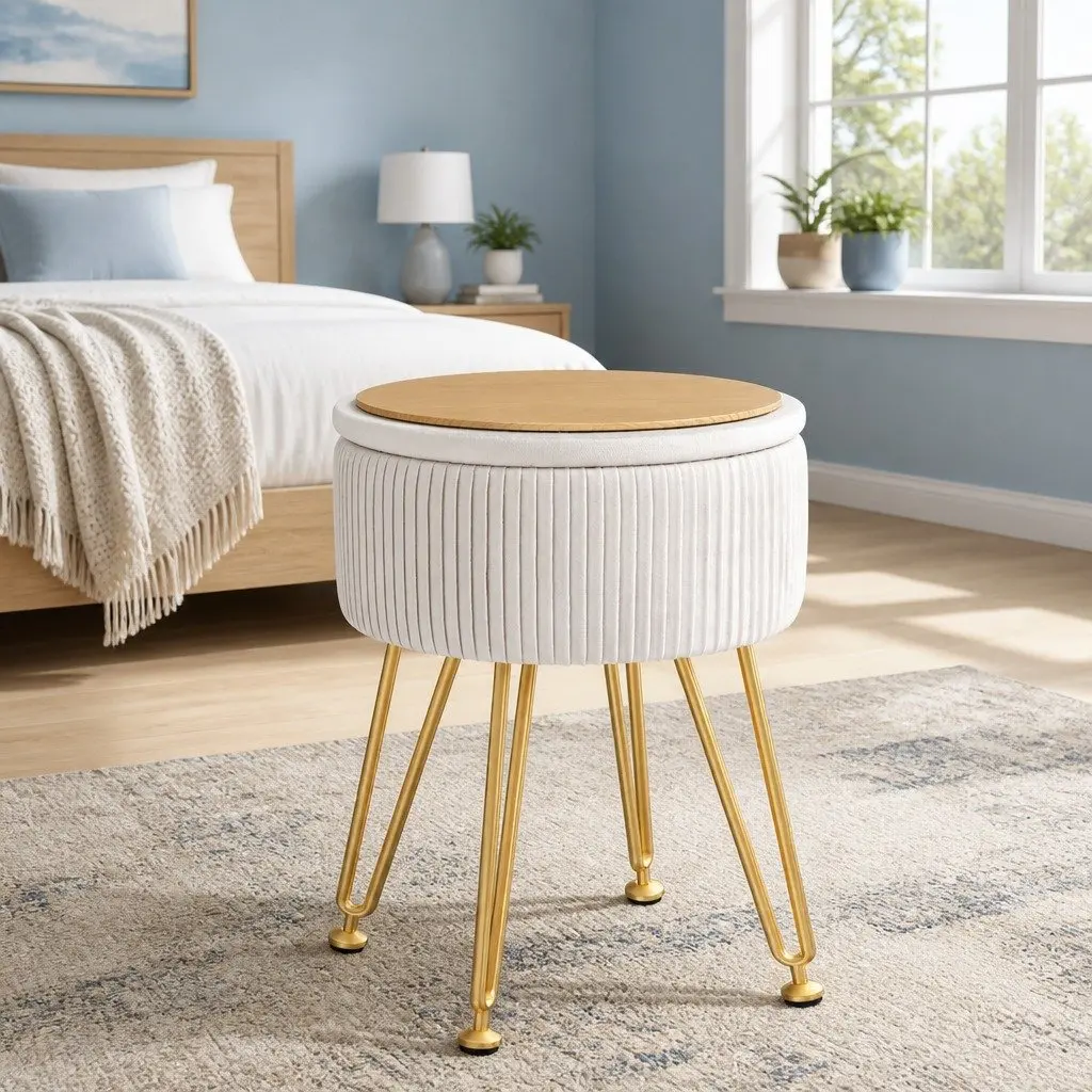 Round Ottoman Storage Footstool Living Room 32cm W x 32cm D x 46cm H Velvet White Padded Seat