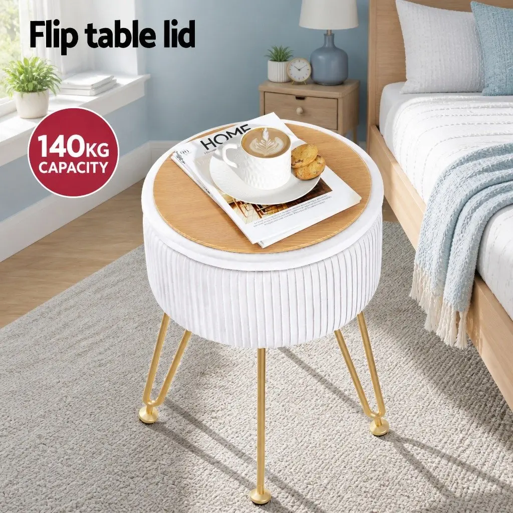 Round Ottoman Storage Footstool Living Room 32cm W x 32cm D x 46cm H Velvet White Padded Seat