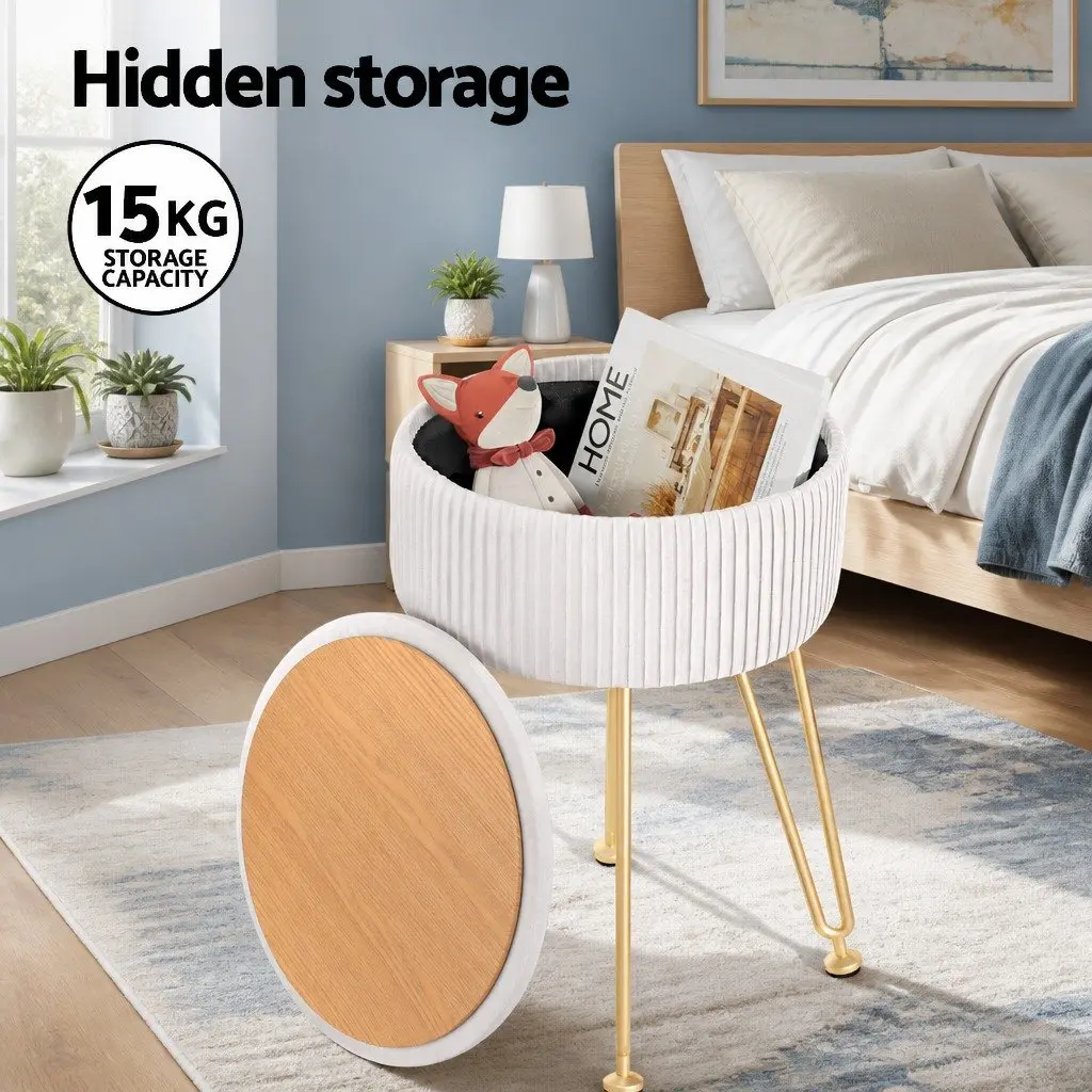 Round Ottoman Storage Footstool Living Room 32cm W x 32cm D x 46cm H Velvet White Padded Seat