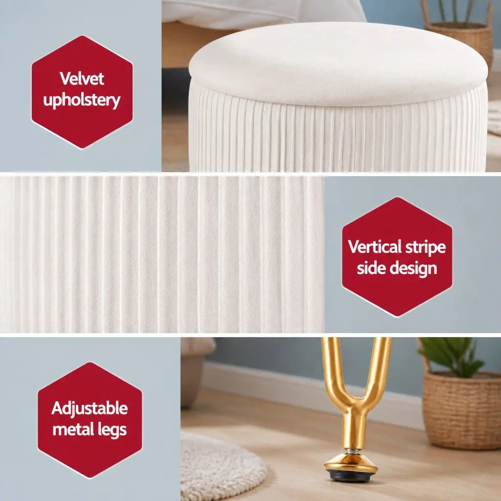 Round Ottoman Storage Footstool Living Room 32cm W x 32cm D x 46cm H Velvet White Padded Seat
