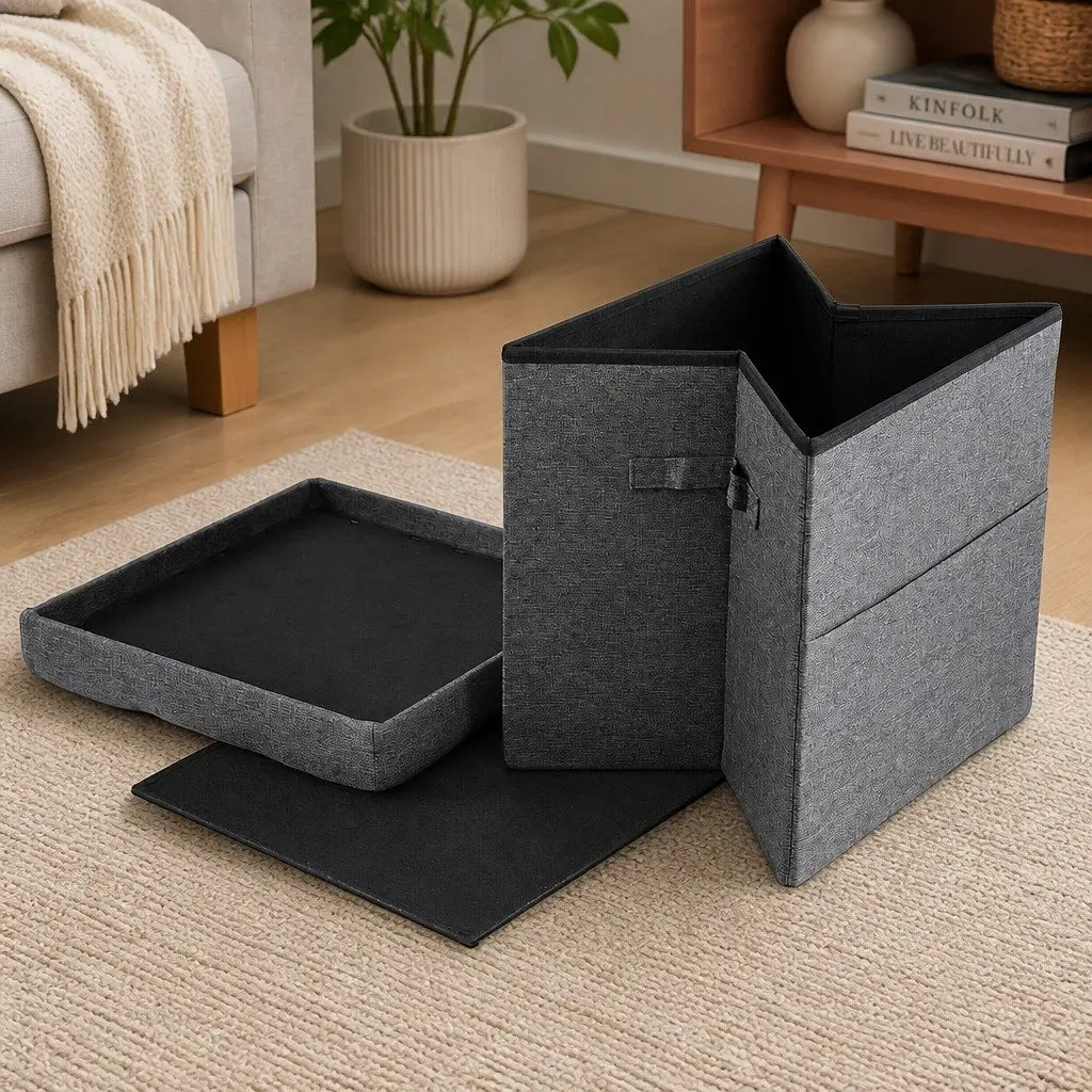 Storage Ottoman Footstool Foldable Grey Living Room Bedroom 40cm