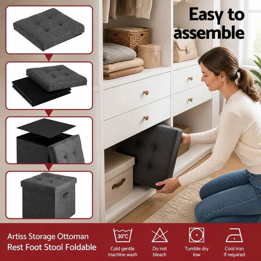 Storage Ottoman Footstool Foldable Grey Living Room Bedroom 40cm