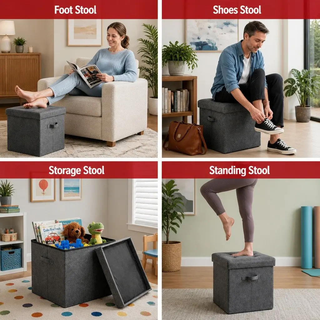 Storage Ottoman Footstool Foldable Grey Living Room Bedroom 40cm