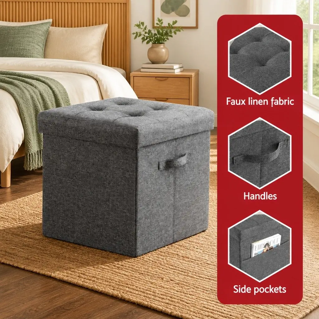 Storage Ottoman Footstool Foldable Grey Living Room Bedroom 40cm