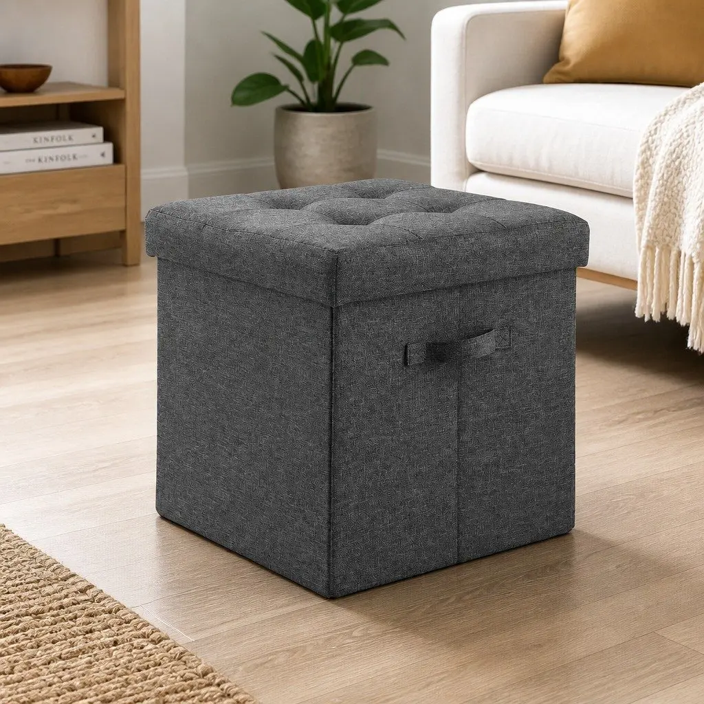 Storage Ottoman Footstool Foldable Grey Living Room Bedroom 40cm