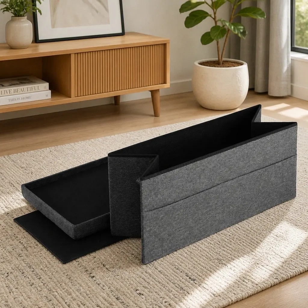 Storage Ottoman Foot Stool Living Room Foldable Grey 76cm x 38cm x 38cm