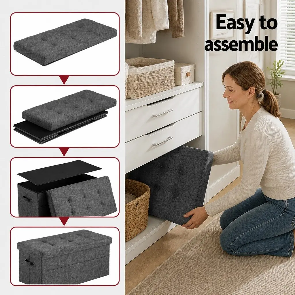 Storage Ottoman Foot Stool Living Room Foldable Grey 76cm x 38cm x 38cm