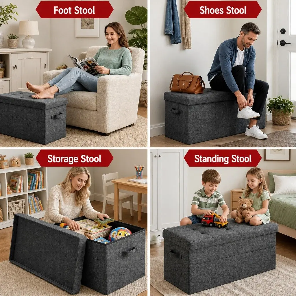 Storage Ottoman Foot Stool Living Room Foldable Grey 76cm x 38cm x 38cm